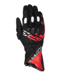 Guantes Alpinestars SP-3, guantes de moto de carreras de puño largo, negros con detalles en rojo brillante y blanco, protección de nudillos recubierta de PU, paneles de dedos perforados blancos, diseño inspirado en la competición con marca llamativa, construcción duradera en piel de cabra