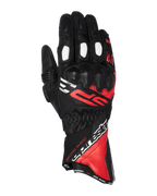 Guantes Alpinestars SP-3, guantes de moto de carreras de puño largo, negros con detalles en rojo brillante y blanco, protección de nudillos recubierta de PU, paneles de dedos perforados blancos, diseño inspirado en la competición con marca llamativa, construcción duradera en piel de cabra