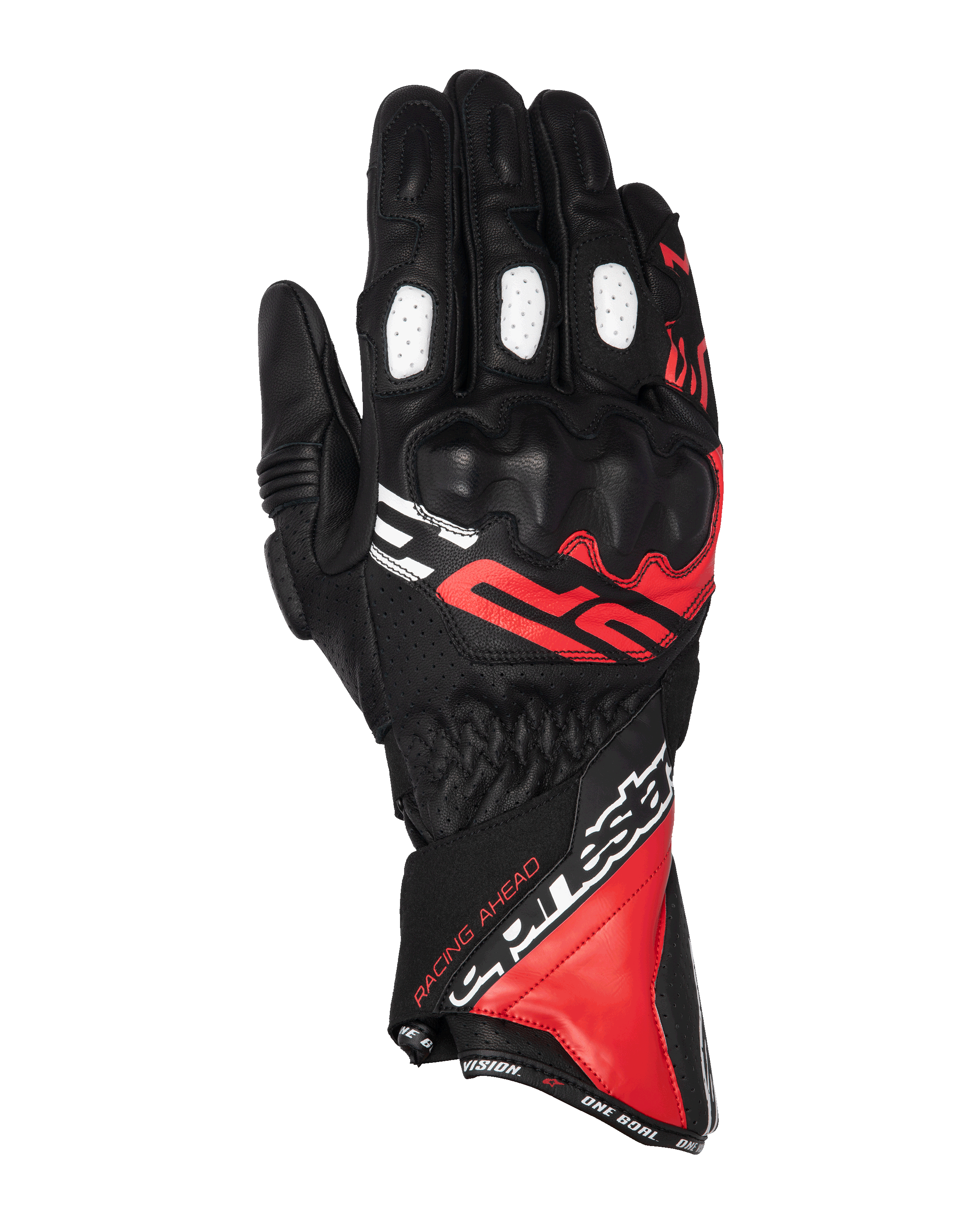 Guantes Alpinestars SP-3, guantes de moto de carreras de puño largo, negros con detalles en rojo brillante y blanco, protección de nudillos recubierta de PU, paneles de dedos perforados blancos, diseño inspirado en la competición con marca llamativa, construcción duradera en piel de cabra