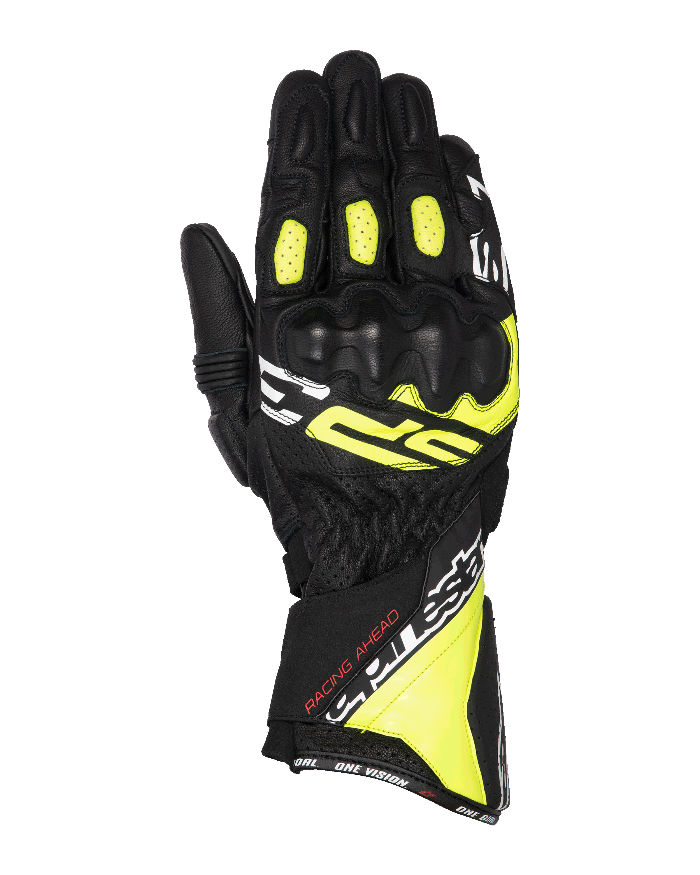 Alpinestars SP-3 Gloves, Motorcycle Racing Gloves, Black Yellow Fluo and White, long cuff design with reinforced knuckle protection, full goat leather construction, accordion flex panels on fingers, and secure dual closure system