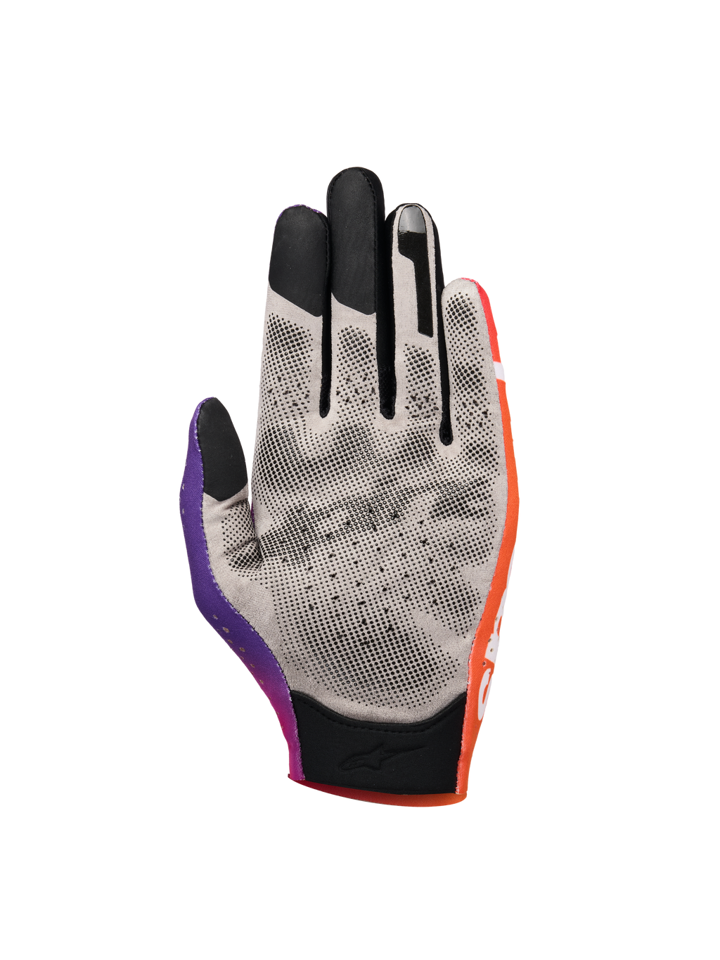 Alpinestars Sim Gloves Graphic 2, Sim Racing Gloves, Orange Neon Purple and White, palm view showing grey fabric with black 3D printed grip dots, touchscreen-compatible fingertips, and short cuff for virtual racing precision