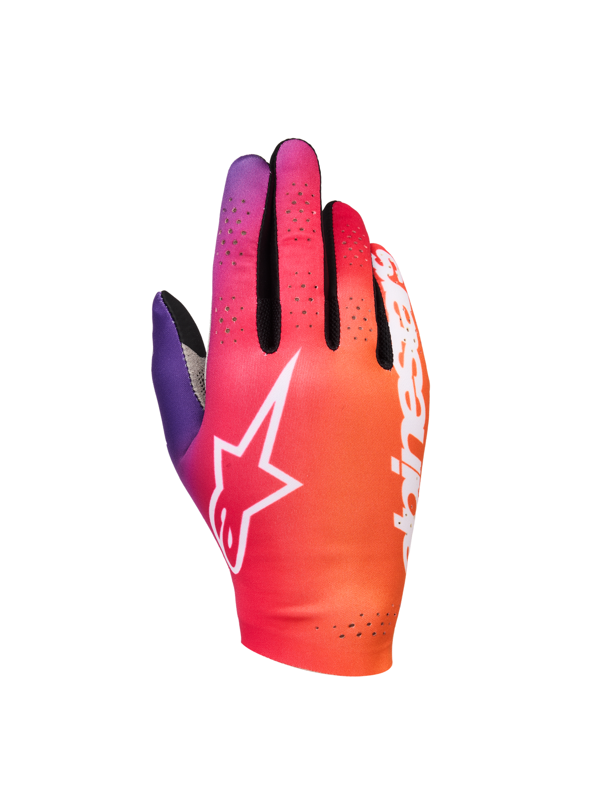 Alpinestars Sim Gloves Graphic 2, Sim Racing Gloves, Orange Neon Purple and White gradient, featuring a white star logo, perforated ventilation details, and lightweight stretch fabric with black mesh accents