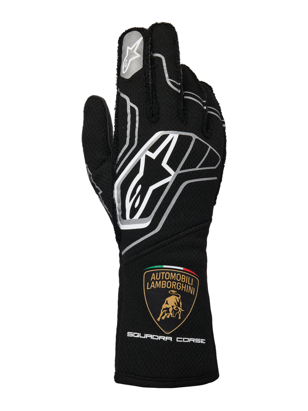 Alpinestars Limited Edition Lamborghini Tech-1 ZX V4 Gloves, Black with Dark Gray and White accents, featuring the prominent Alpinestars logo and the Automobili Lamborghini Squadra Corse shield on the cuff, professional FIA-certified auto racing gloves