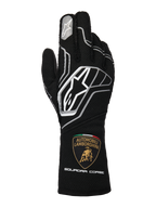 Alpinestars Limited Edition Lamborghini Tech-1 ZX V4 Gloves, Black with Dark Gray and White accents, featuring the prominent Alpinestars logo and the Automobili Lamborghini Squadra Corse shield on the cuff, professional FIA-certified auto racing gloves