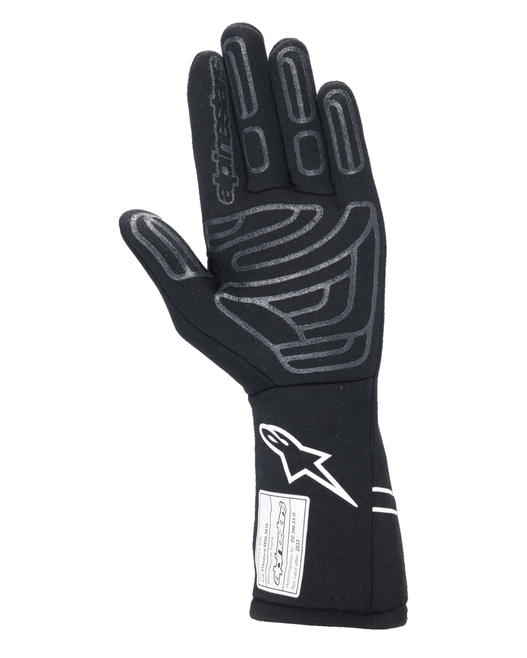 Guantes Alpinestars Tech-1 Start V4 FIA, guante de automovilismo negro, vista de la palma con patrones de agarre de silicona gris en los dedos y la palma, logotipo Astars blanco en el puño extendido, etiqueta de certificación FIA, equipo profesional de automovilismo