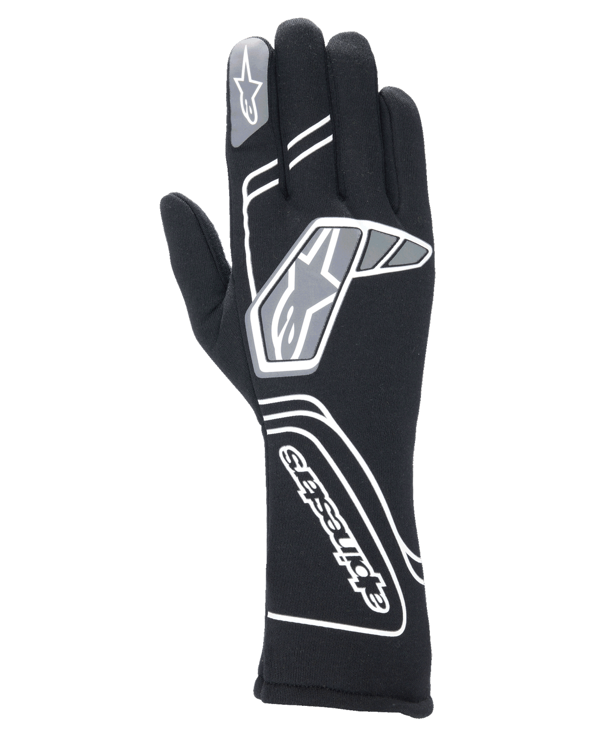 Alpinestars Tech-1 Start V4 FIA, guantes profesionales para automovilismo en negro, con patrones geométricos blancos y grises y logotipo de Alpinestars, puño extendido para protección contra el fuego y el calor, diseño ligero y precurvado para deportes de motor