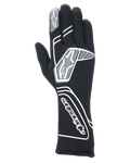 Alpinestars Tech-1 Start V4 FIA, guantes profesionales para automovilismo en negro, con patrones geométricos blancos y grises y logotipo de Alpinestars, puño extendido para protección contra el fuego y el calor, diseño ligero y precurvado para deportes de motor