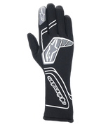 Alpinestars Tech-1 Start V4 FIA, guantes profesionales para automovilismo en negro, con patrones geométricos blancos y grises y logotipo de Alpinestars, puño extendido para protección contra el fuego y el calor, diseño ligero y precurvado para deportes de motor