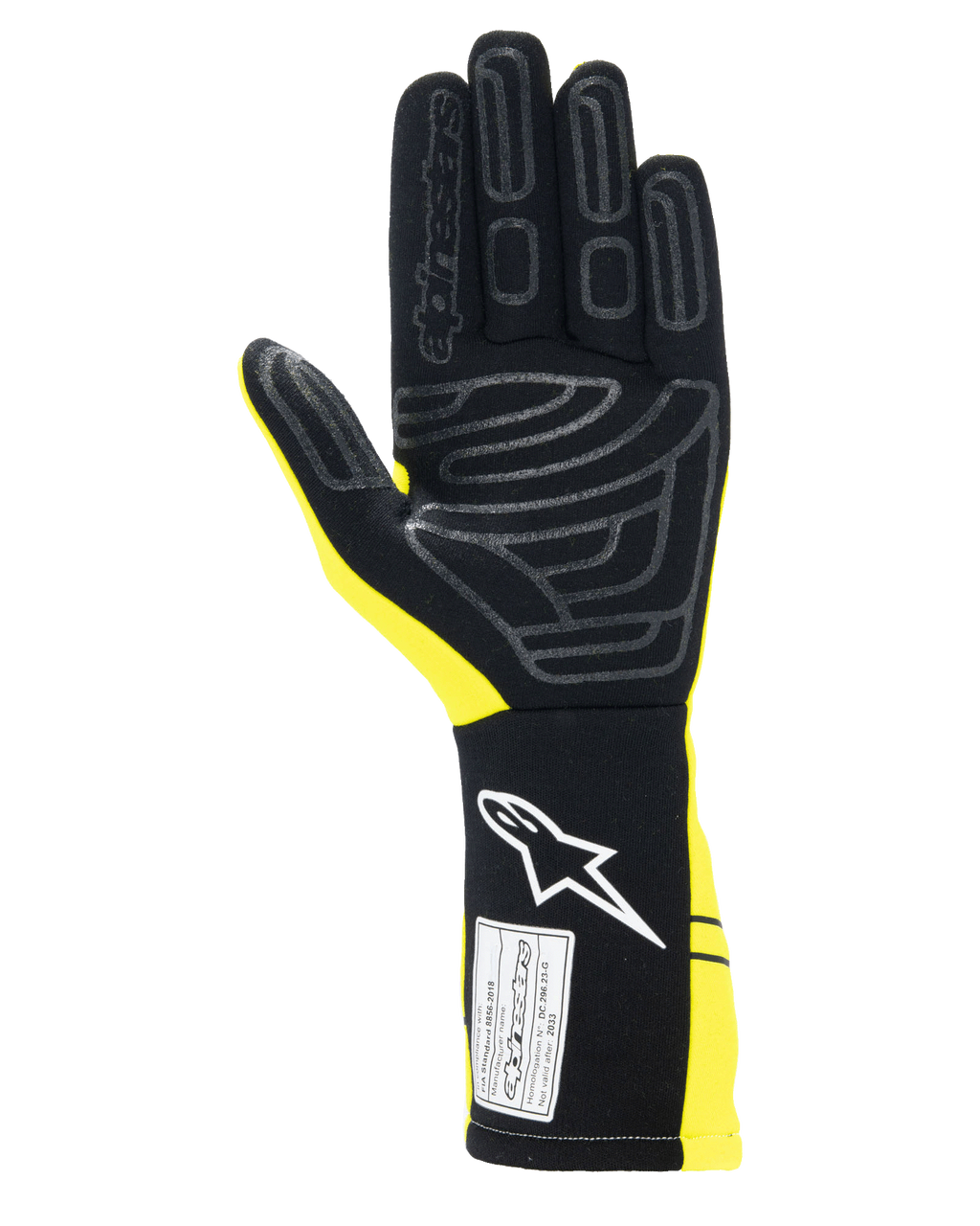 Alpinestars Tech-1 Start V4 Gloves FIA, guantes de automovilismo, amarillo fluorescente y negro, vista de la palma con patrones de agarre de silicona, puño extendido con logotipo blanco y etiqueta de certificación FIA