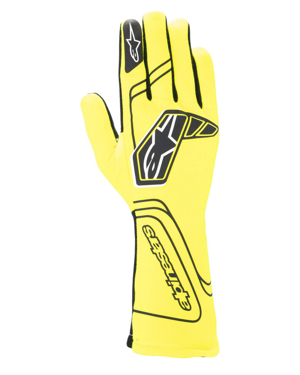 Alpinestars Tech-1 Start V4 Gloves FIA, guantes de automovilismo, amarillo fluorescente y negro, con un gran logotipo de estrella negra en el dorso, confección de dedos sin costuras y puño extendido para protección contra el fuego, equipo de automovilismo homologado por la FIA