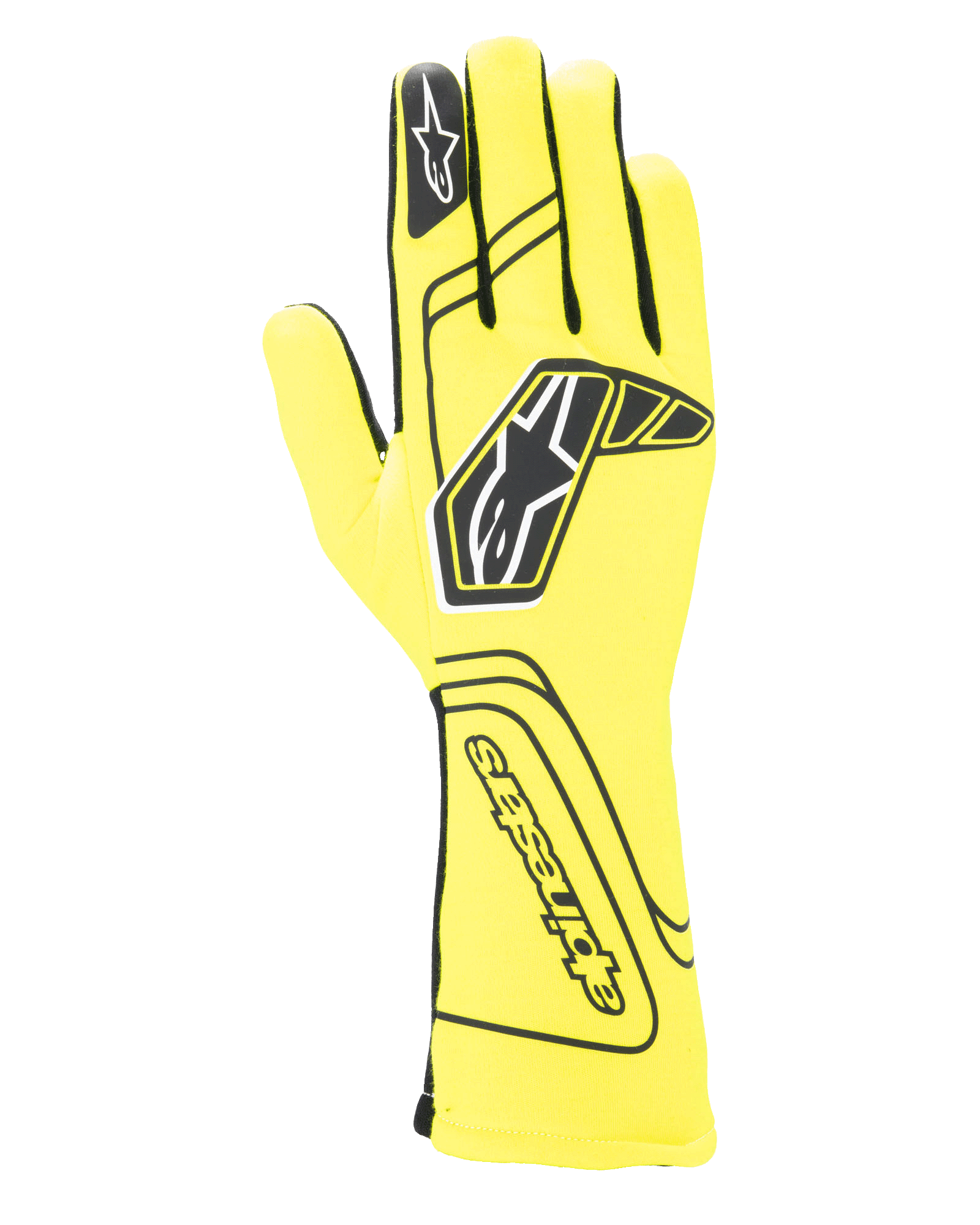 Alpinestars Tech-1 Start V4 Gloves FIA, guantes de automovilismo, amarillo fluorescente y negro, con un gran logotipo de estrella negra en el dorso, confección de dedos sin costuras y puño extendido para protección contra el fuego, equipo de automovilismo homologado por la FIA