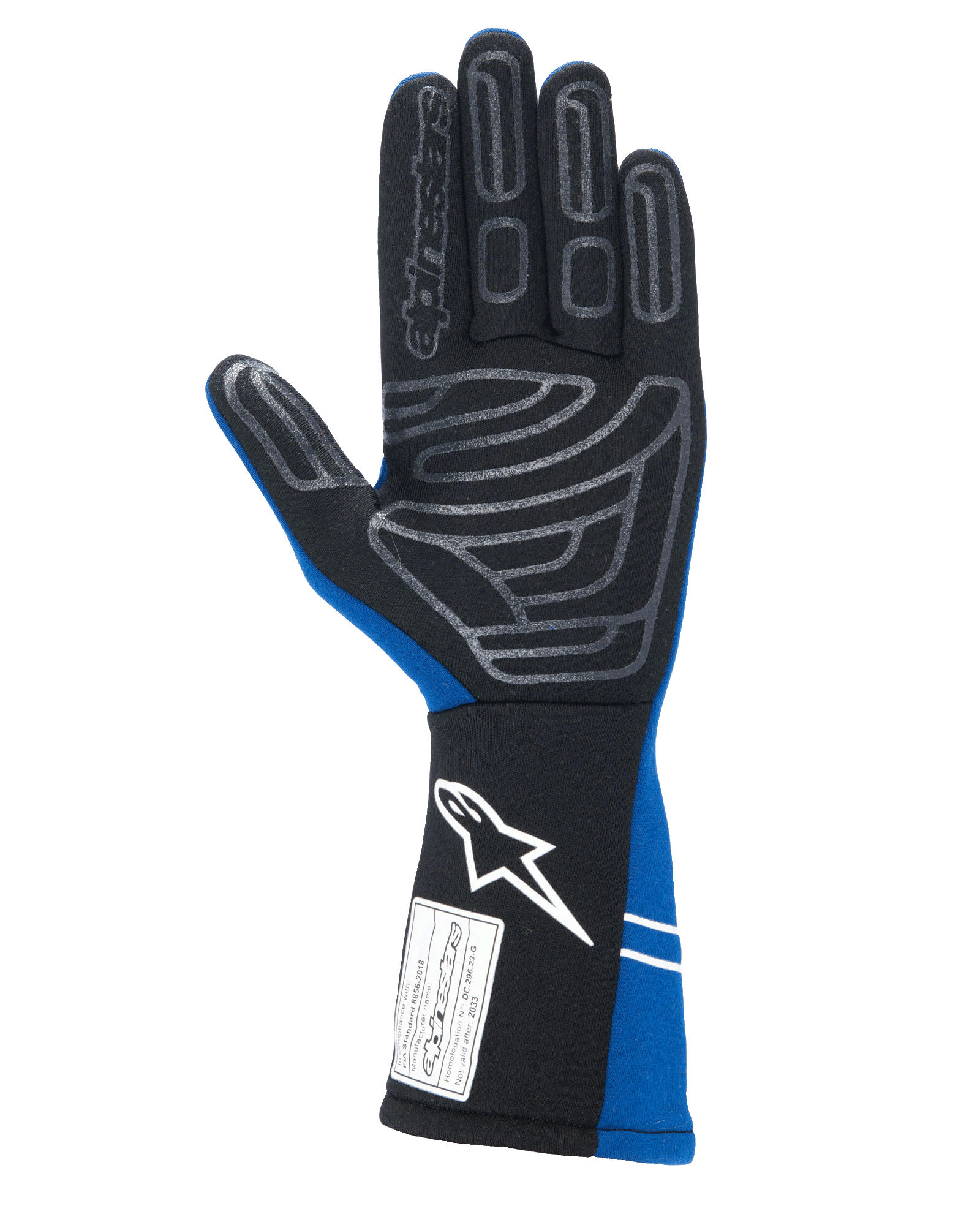 Guantes Alpinestars Tech-1 Start V4 FIA, guantes de automovilismo, azul real y negro, vista de la palma con patrón de agarre de silicona gris en los dedos y la palma, puño extendido con logotipo blanco y etiqueta de homologación FIA
