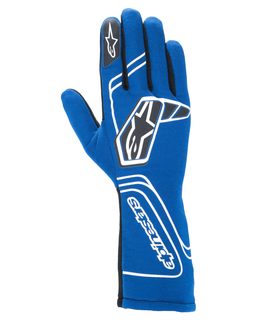 Alpinestars Tech-1 Start V4 Gloves FIA, guantes de automovilismo, azul real, con detalles geométricos blancos y logotipos de estrellas negros, puño extendido con texto vertical de Alpinestars, construcción ligera sin costuras, equipo de carreras profesional con certificación FIA