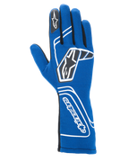 Alpinestars Tech-1 Start V4 Gloves FIA, guantes de automovilismo, azul real, con detalles geométricos blancos y logotipos de estrellas negros, puño extendido con texto vertical de Alpinestars, construcción ligera sin costuras, equipo de carreras profesional con certificación FIA