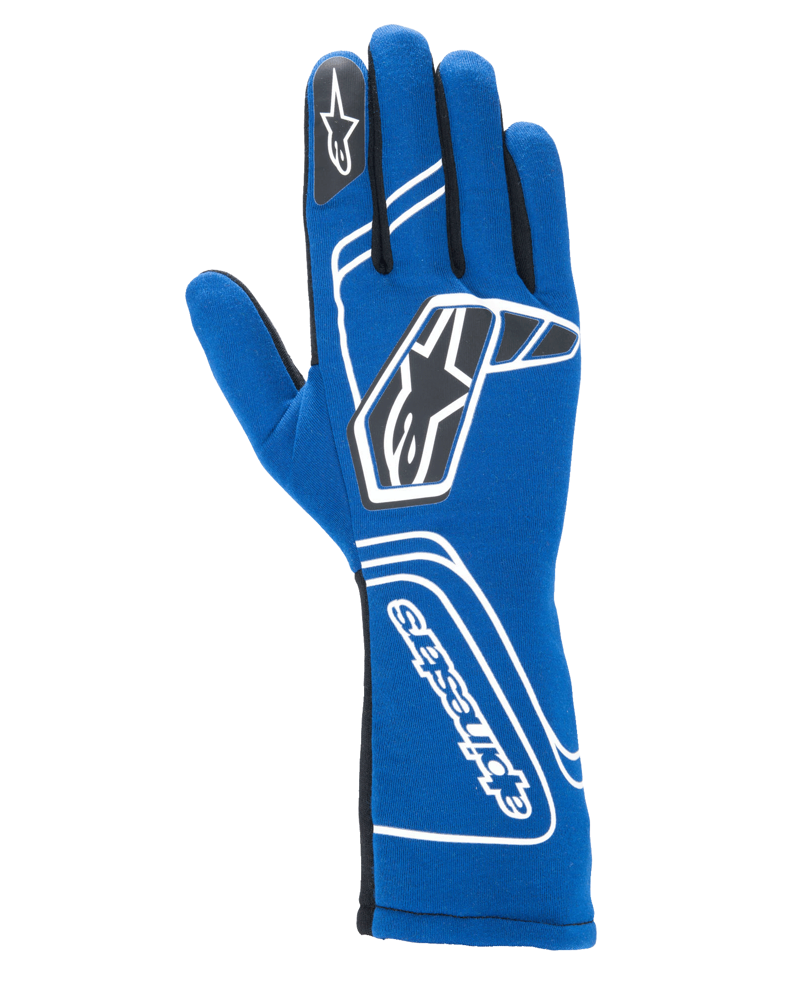 Alpinestars Tech-1 Start V4 Gloves FIA, guantes de automovilismo, azul real, con detalles geométricos blancos y logotipos de estrellas negros, puño extendido con texto vertical de Alpinestars, construcción ligera sin costuras, equipo de carreras profesional con certificación FIA