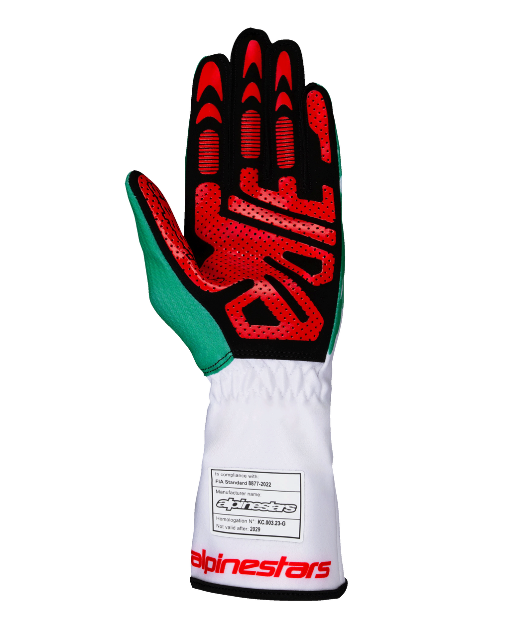 Guantes Alpinestars Tech-1 K V3, guantes de karting en color blanco, verde y rojo, vista de la palma con ante sintético negro y patrones de agarre de silicona roja, detalle verde en el pulgar, puño largo blanco con etiqueta de homologación FIA y logotipo rojo, equipo de competición profesional