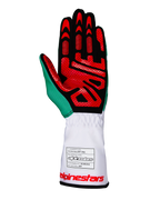 Guantes Alpinestars Tech-1 K V3, guantes de karting en color blanco, verde y rojo, vista de la palma con ante sintético negro y patrones de agarre de silicona roja, detalle verde en el pulgar, puño largo blanco con etiqueta de homologación FIA y logotipo rojo, equipo de competición profesional
