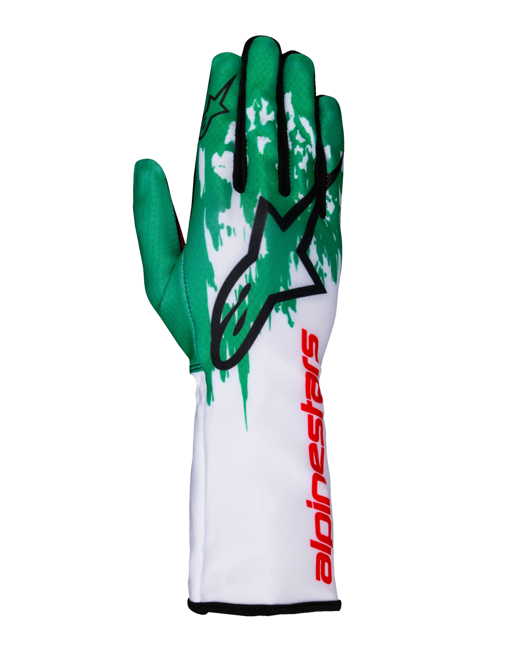 Guantes Alpinestars Tech-1 K V3, guantes de karting, blanco, verde y rojo, gran logotipo de estrella negra en el dorso de la mano, marca Alpinestars roja vertical en el puño, patrón gráfico verde y blanco en los dedos, diseño técnico ajustado
