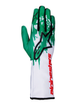 Guantes Alpinestars Tech-1 K V3, guantes de karting, blanco, verde y rojo, gran logotipo de estrella negra en el dorso de la mano, marca Alpinestars roja vertical en el puño, patrón gráfico verde y blanco en los dedos, diseño técnico ajustado