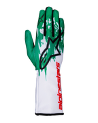 Guantes Alpinestars Tech-1 K V3, guantes de karting, blanco, verde y rojo, gran logotipo de estrella negra en el dorso de la mano, marca Alpinestars roja vertical en el puño, patrón gráfico verde y blanco en los dedos, diseño técnico ajustado