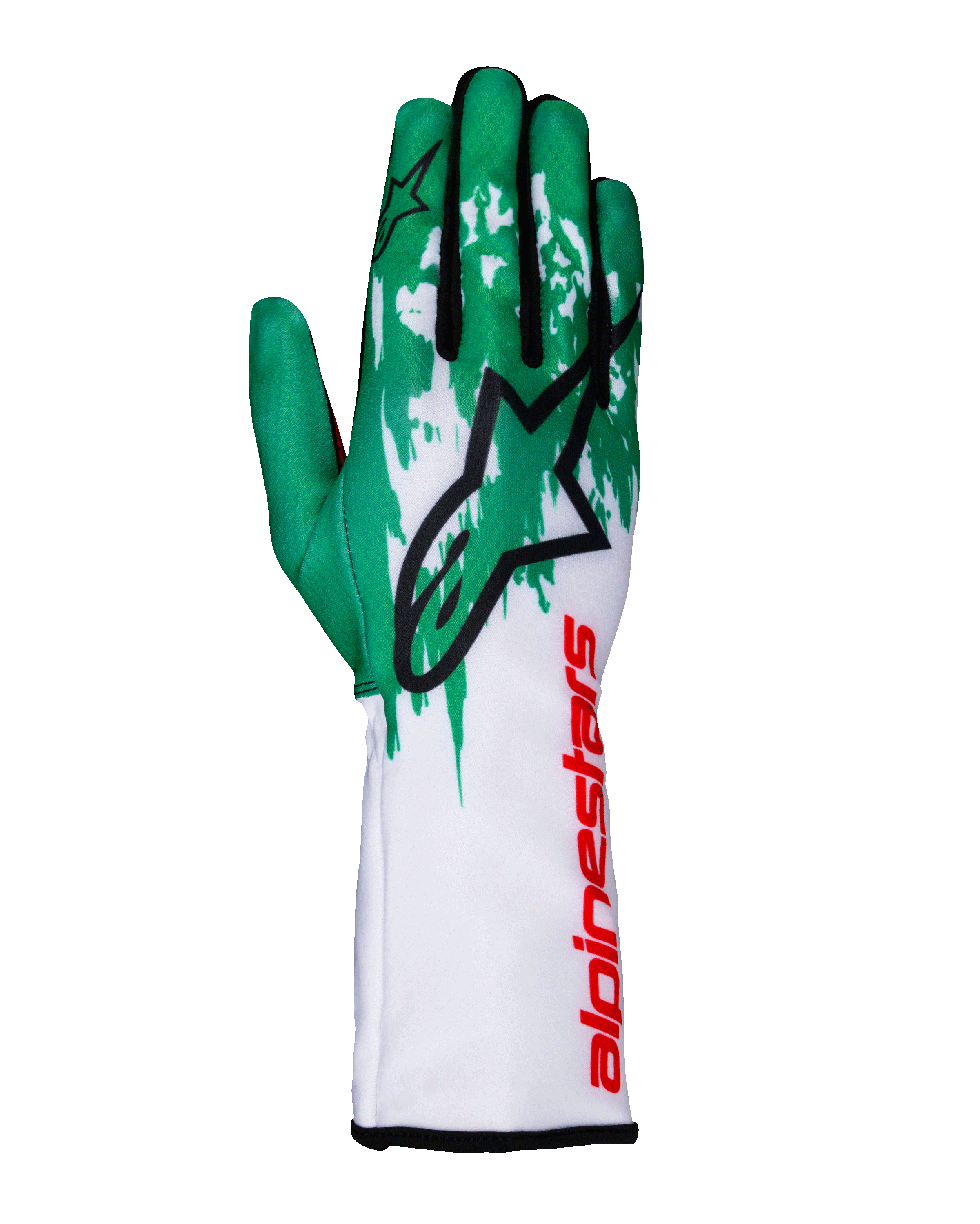 Guantes Alpinestars Tech-1 K V3, guantes de karting, blanco, verde y rojo, con la parte superior verde y gráficos de salpicaduras, un gran logotipo de Astars en negro y puño largo blanco con el nombre de la marca en rojo, diseño de competición profesional