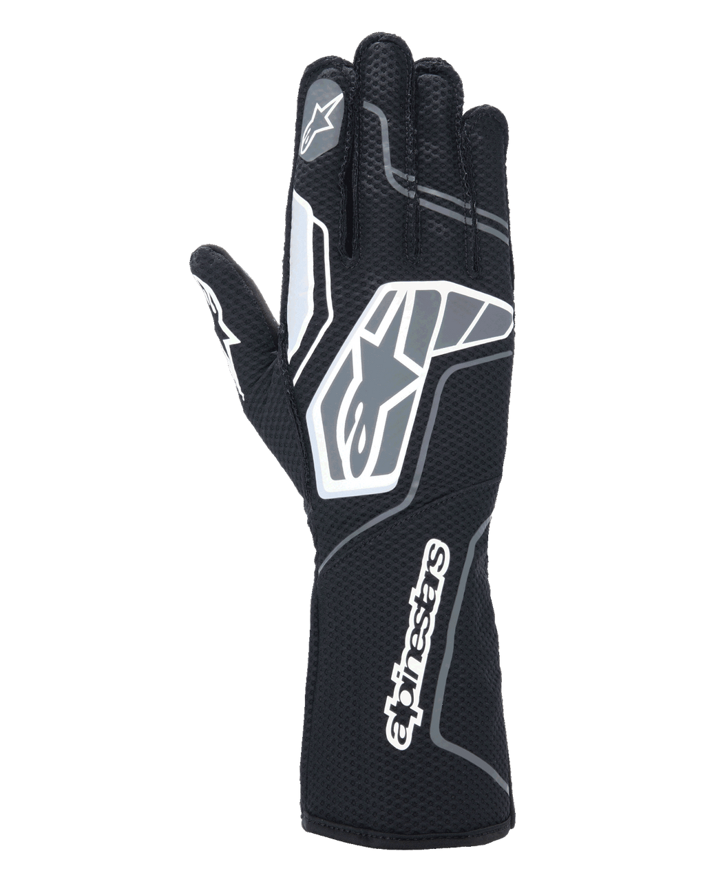 Guantes Alpinestars Tech-1 KX V4, guantes de karting, negro antracita, vista posterior que muestra la malla transpirable de doble capa, detalles gráficos en gris y blanco, marca prominente de Alpinestars en la muñeca y los nudillos, equipamiento especializado de carreras