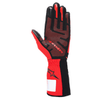 Guantes Alpinestars Tech-1 KX V4, guantes de karting, negro y rojo, vista de la palma con patrón de agarre de silicona 3D, tejido de malla roja transpirable y etiqueta de identificación blanca en la muñeca