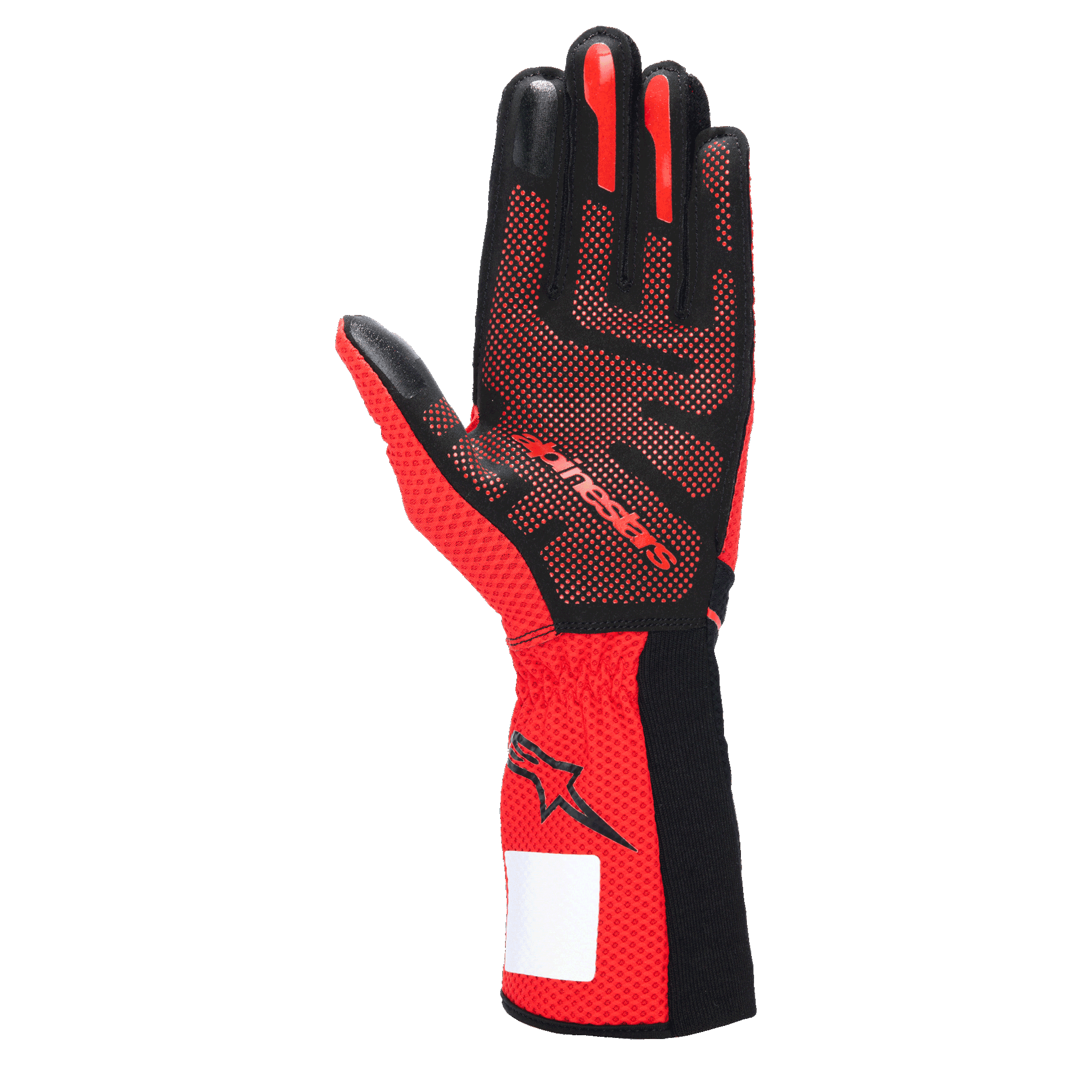 Guantes Alpinestars Tech-1 KX V4, guantes de karting, negro y rojo, vista de la palma con patrón de agarre de silicona 3D, tejido de malla roja transpirable y etiqueta de identificación blanca en la muñeca
