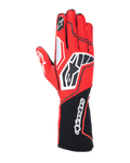 Guantes Alpinestars Tech-1 KX V4, guantes para carreras de karting, rojos y negros con detalles blancos, confección en malla transpirable, logotipo de estrella llamativo en el dorso, puño largo con el nombre de Alpinestars, equipo profesional de automovilismo