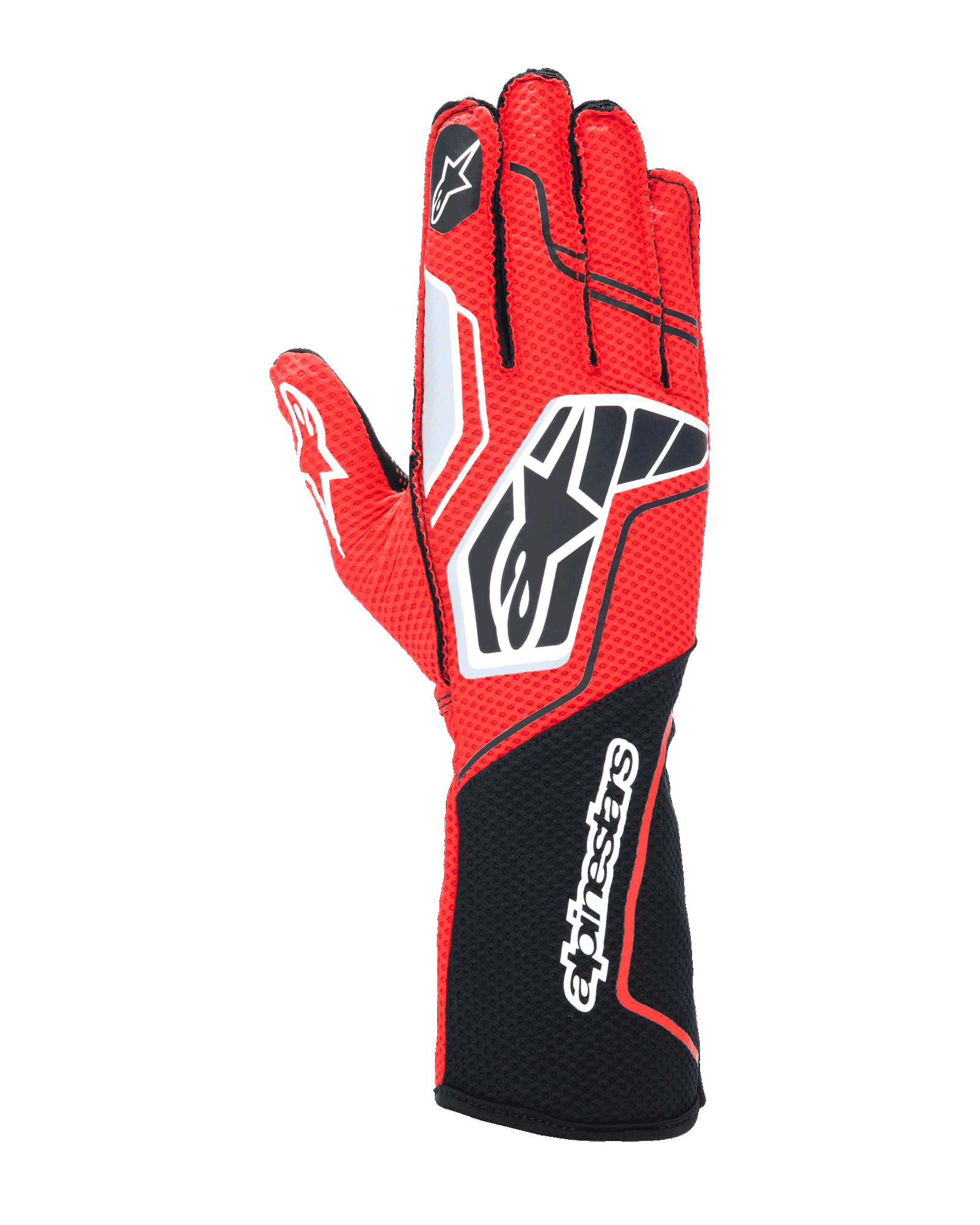 Guantes Alpinestars Tech-1 KX V4, guantes para carreras de karting, rojos y negros con detalles blancos, confección en malla transpirable, logotipo de estrella llamativo en el dorso, puño largo con el nombre de Alpinestars, equipo profesional de automovilismo