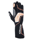 Guantes Alpinestars Tech-1 KX V4, guantes de karting, negro y naranja fluorescente, con confección en malla transpirable, detalles gráficos en naranja y blanco, logotipo de Alpinestars en los nudillos y el puño, diseño de competición profesional