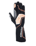 Guantes Alpinestars Tech-1 KX V4, guantes de karting, negro y naranja fluorescente, con confección en malla transpirable, detalles gráficos en naranja y blanco, logotipo de Alpinestars en los nudillos y el puño, diseño de competición profesional
