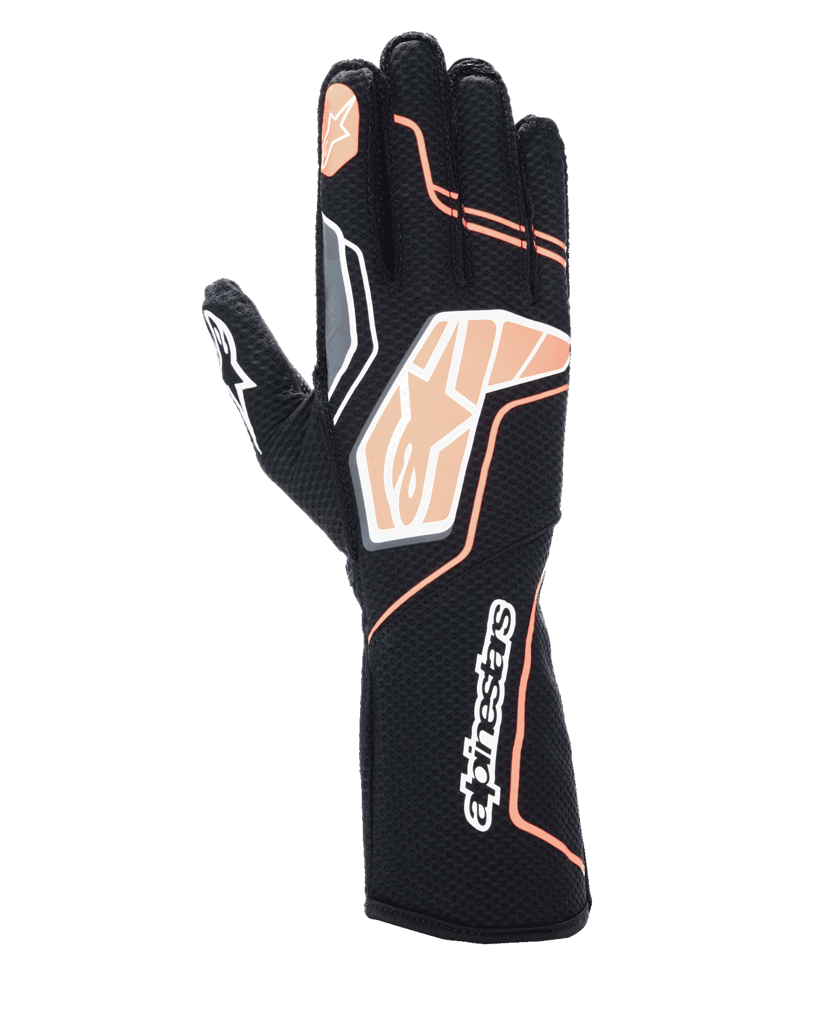 Guantes Alpinestars Tech-1 KX V4, guantes de karting, negro y naranja fluorescente, con confección en malla transpirable, detalles gráficos en naranja y blanco, logotipo de Alpinestars en los nudillos y el puño, diseño de competición profesional