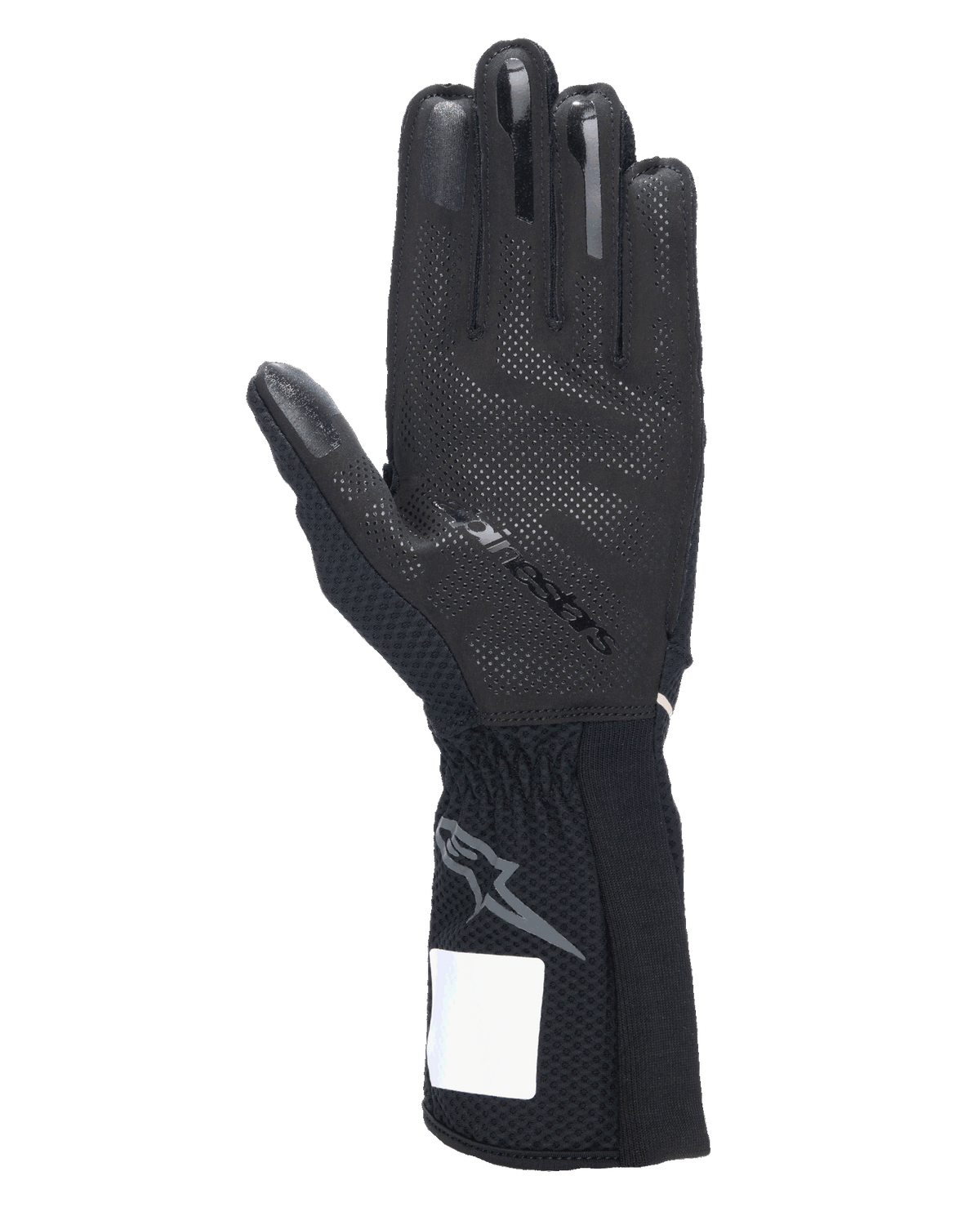 Guantes Alpinestars Tech-1 KX V4, guantes de karting, negros, vista de la palma con patrón de agarre de silicona 3D, costuras externas y puño acanalado con logotipo de Astars en gris, equipamiento profesional para automovilismo