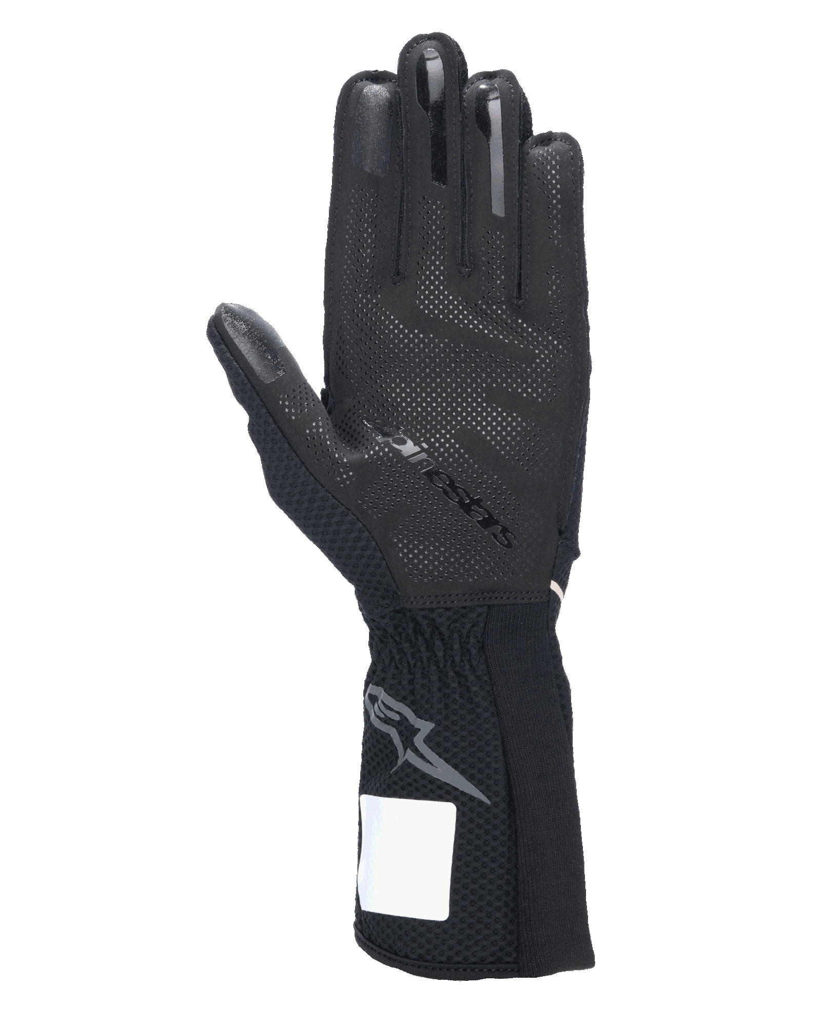 Guantes Alpinestars Tech-1 KX V4, guantes de karting, negros, vista de la palma con patrón de agarre de silicona 3D, costuras externas y puño acanalado con logotipo de Astars en gris, equipamiento profesional para automovilismo