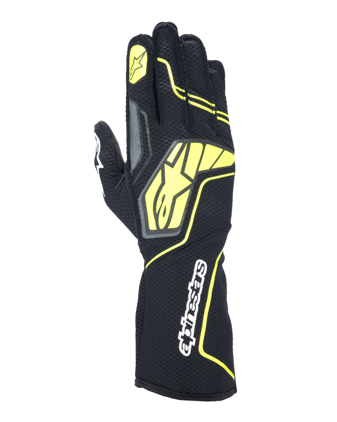 Guantes Alpinestars Tech-1 KX V4, guantes de karting, gris, negro y amarillo fluorescente, vista del dorso con construcción de malla transpirable, logotipo grande de Alpinestars en amarillo, nombre de la marca en blanco en la muñeca, estrella amarilla en el dedo índice, diseño deportivo moderno