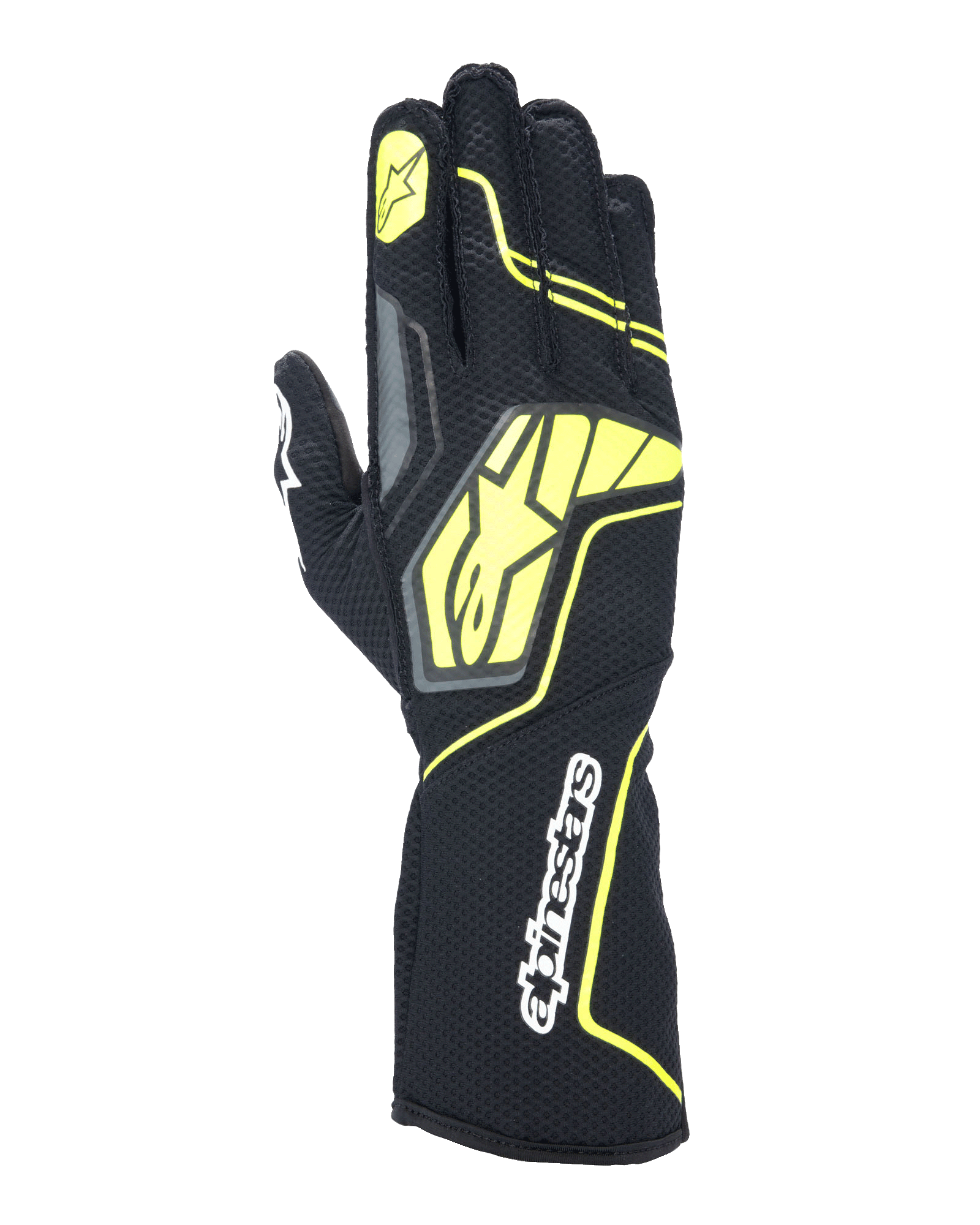 Guantes Alpinestars Tech-1 KX V4, guantes de karting, gris, negro y amarillo fluorescente, vista del dorso con construcción de malla transpirable, logotipo grande de Alpinestars en amarillo, nombre de la marca en blanco en la muñeca, estrella amarilla en el dedo índice, diseño deportivo moderno