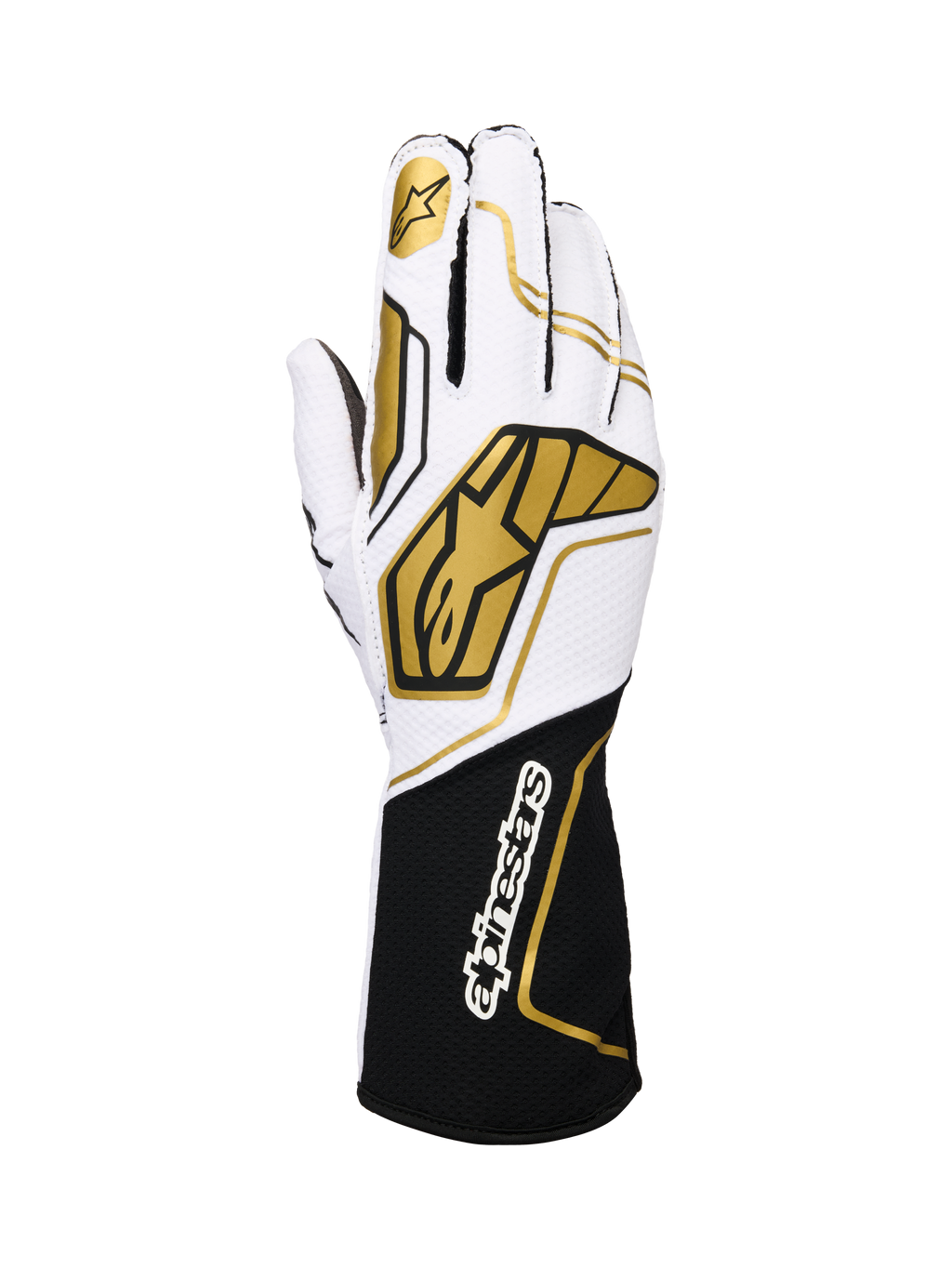 Alpinestars Tech-1 KX V4 Gloves, karting racing gloves, white and black with gold accents, featuring a gold star logo on the index finger and large gold geometric patterns on the back, breathable mesh construction with a black cuff and white branding, ergonomic design for motorsport performance.