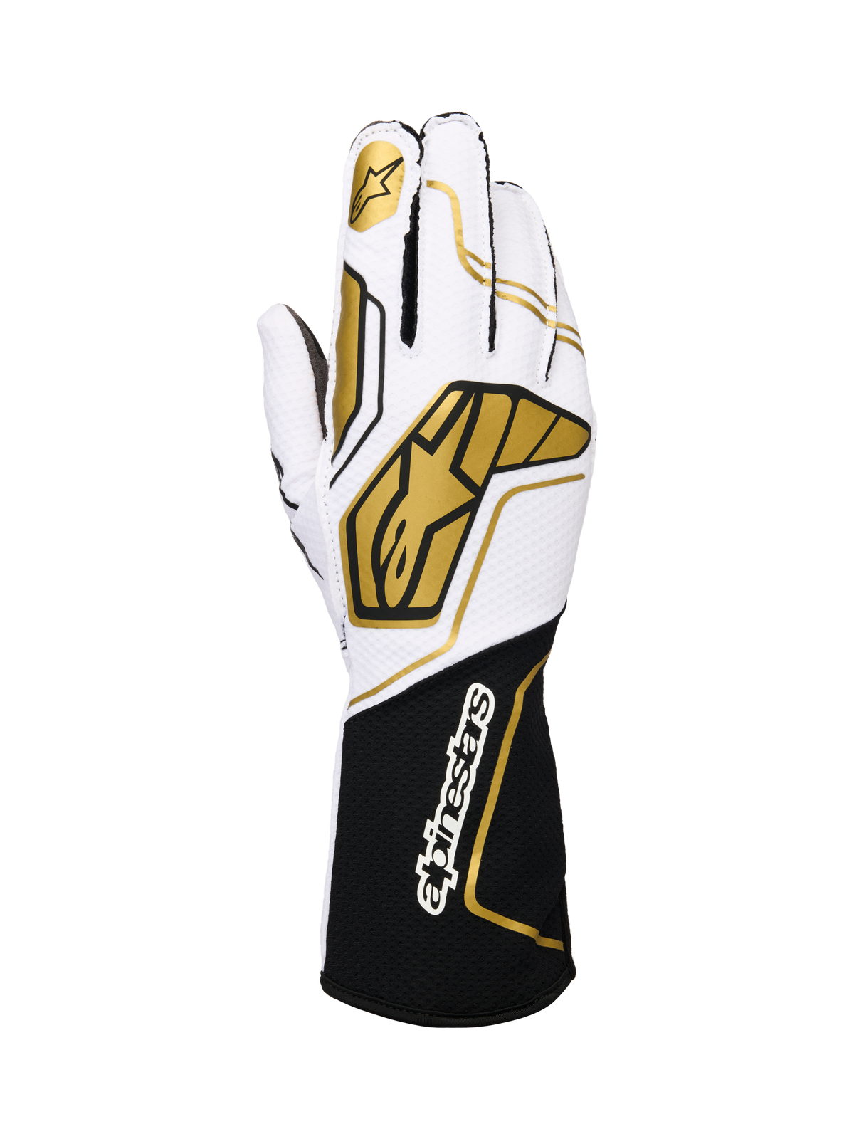 Alpinestars Tech-1 KX V4, guantes de karting, blancos y negros con detalles dorados, diseño ergonómico con superficie texturizada para agarre mejorado, logo de estrella en dedo índice