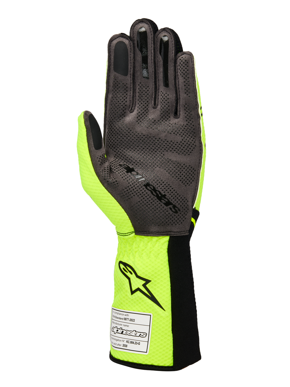 Guantes Alpinestars Tech-1 KX V4, guantes de karting, amarillo flúor y negro, vista de la palma con gamuza sintética gris y patrón de agarre de silicona 3D, etiqueta de homologación FIA en el puño acanalado, diseño de competición de alto rendimiento