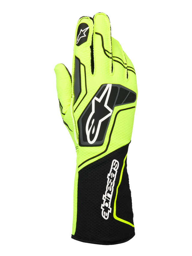 Guantes Alpinestars Tech-1 KX V4, guantes de karting, amarillo neón y negro, vista posterior con construcción de malla transpirable de doble capa, logotipo Astar prominente en la mano y nombre Alpinestars en el puño acanalado extendido, diseño ergonómico de alto rendimiento.