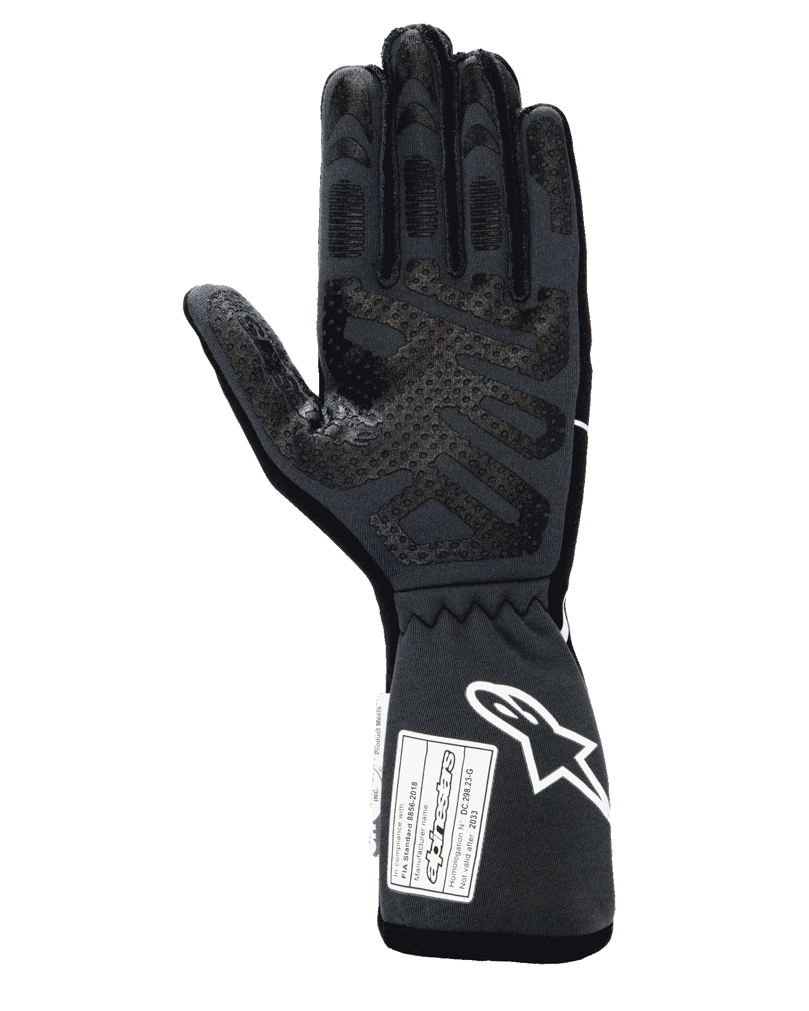 Guantes Alpinestars Tech-1 Race V4, guantes profesionales de automovilismo, color negro y gris, vista de la palma con patrones de agarre de silicona en los dedos y la palma, puño extendido con logotipo blanco de Alpinestars y etiquetas de certificación FIA/SFI