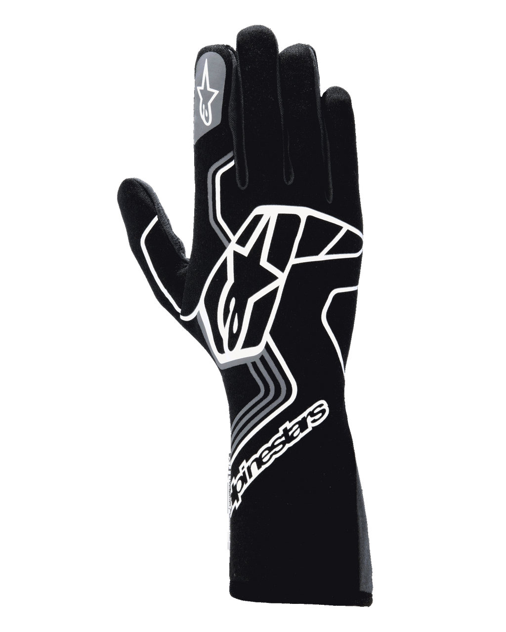 Guantes Alpinestars Tech-1 Race V4, guantes de automovilismo, negro y gris alquitrán, con un gran diseño de logotipo de estrella geométrica blanca, marca Alpinestars en el puño y el dedo índice, estilo de guantelete largo para automovilismo de alto rendimiento