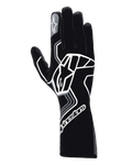 Guantes Alpinestars Tech-1 Race V4, guantes de automovilismo, negro y gris alquitrán, con un gran diseño de logotipo de estrella geométrica blanca, marca Alpinestars en el puño y el dedo índice, estilo de guantelete largo para automovilismo de alto rendimiento