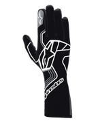 Guantes Alpinestars Tech-1 Race V4, guantes de automovilismo, negro y gris alquitrán, con un gran diseño de logotipo de estrella geométrica blanca, marca Alpinestars en el puño y el dedo índice, estilo de guantelete largo para automovilismo de alto rendimiento