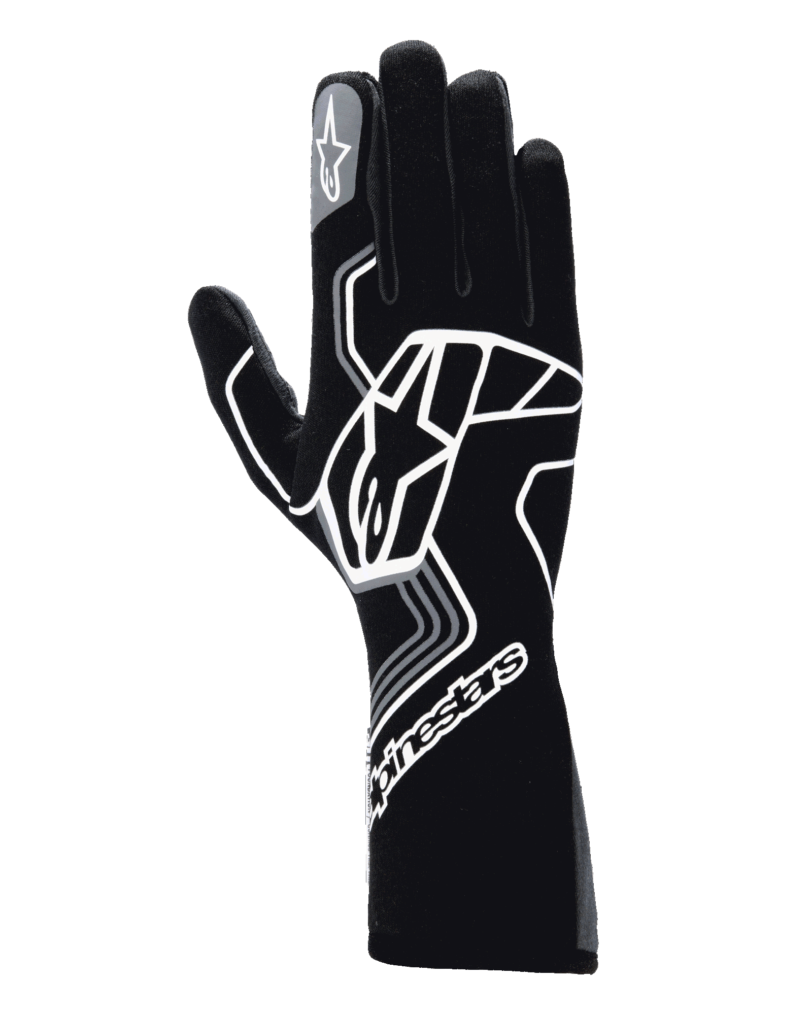 Guantes Alpinestars Tech-1 Race V4, guantes de automovilismo, negro y gris alquitrán, con un gran diseño de logotipo de estrella geométrica blanca, marca Alpinestars en el puño y el dedo índice, estilo de guantelete largo para automovilismo de alto rendimiento