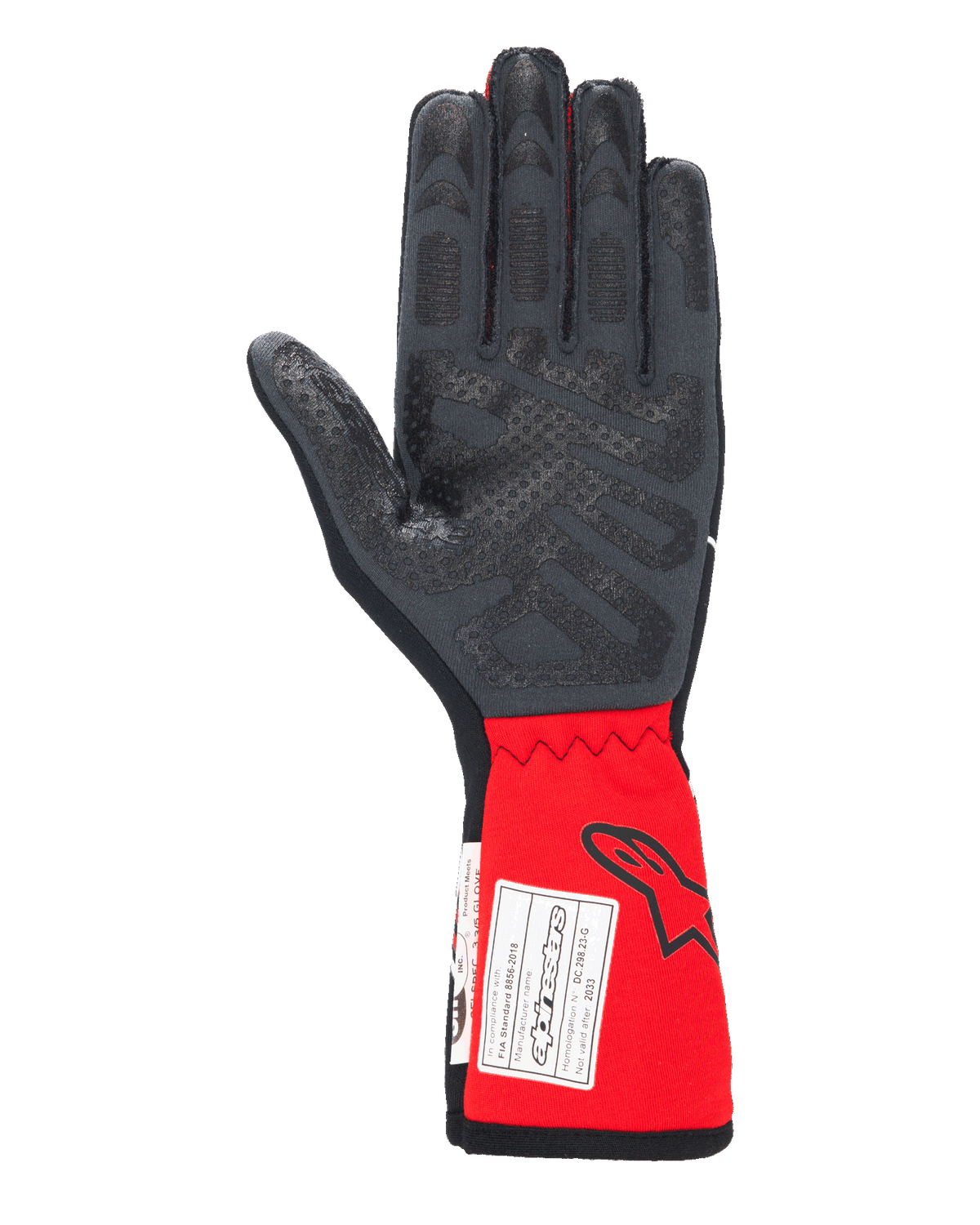 Guantes Alpinestars Tech-1 Race V4, guantes de automovilismo, negro y rojo, vista de la palma que resalta los patrones de agarre de silicona en los dedos y la palma, puño rojo extendido con el logotipo de Alpinestars y la etiqueta de certificación FIA, equipamiento de automovilismo de alto rendimiento