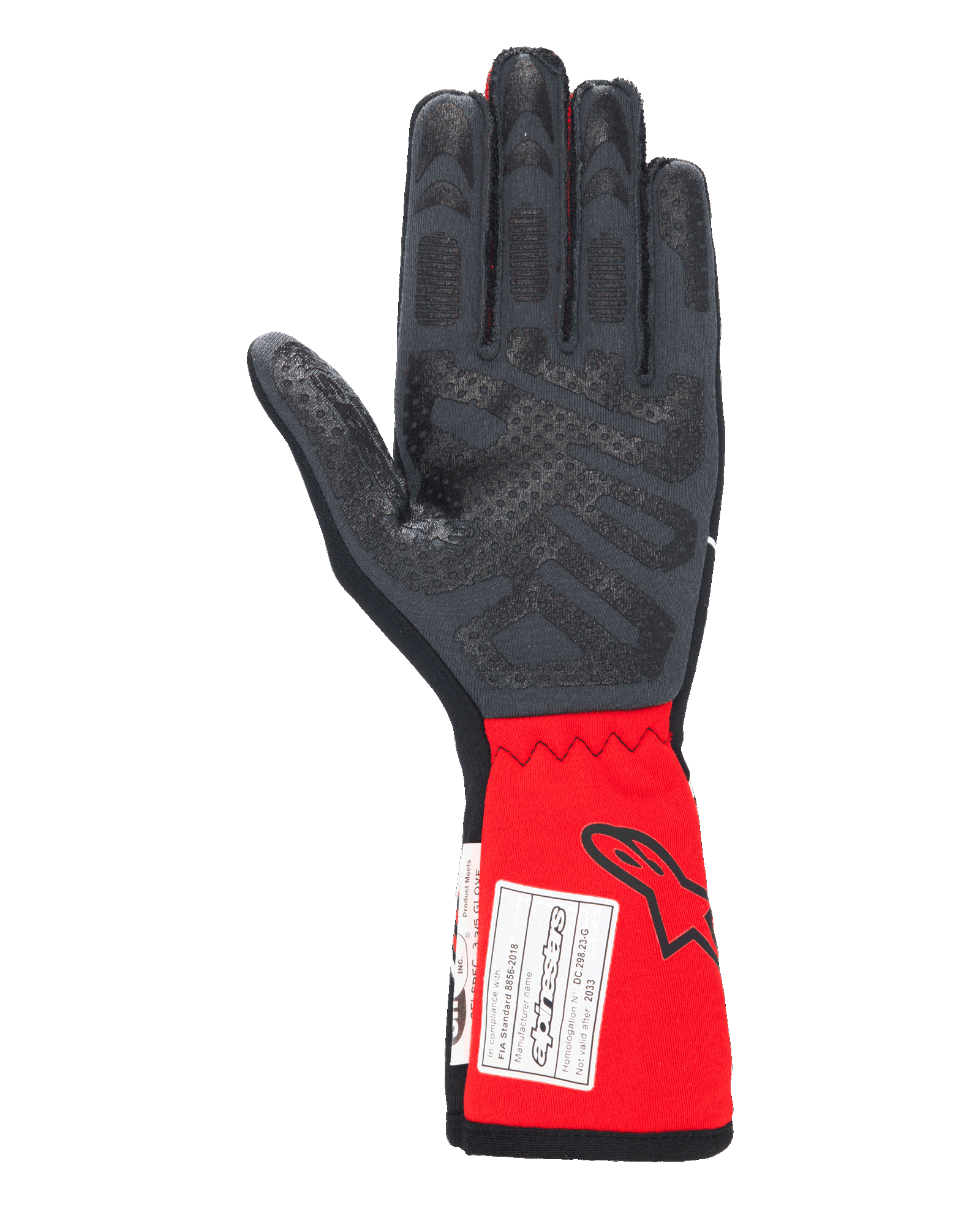 Guantes Alpinestars Tech-1 Race V4, guantes de automovilismo, negro y rojo, vista de la palma que resalta los patrones de agarre de silicona en los dedos y la palma, puño rojo extendido con el logotipo de Alpinestars y la etiqueta de certificación FIA, equipamiento de automovilismo de alto rendimiento