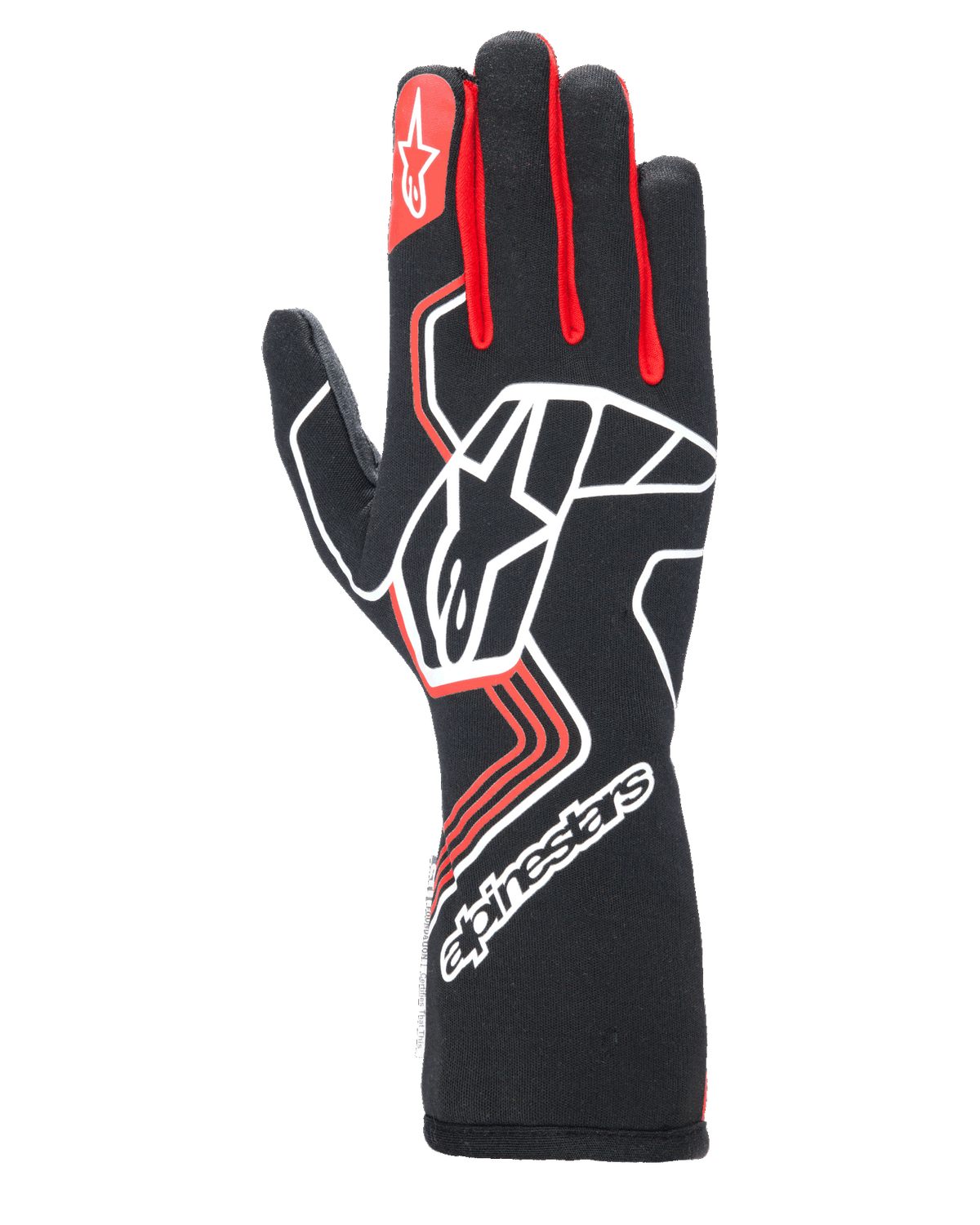 Alpinestars Tech-1 Race V4 Gloves, Auto Racing Gloves, Black with Red and White accents, featuring a large white star logo on the backhand, red finger gussets, white branding on the extended gauntlet cuff, and geometric design patterns.