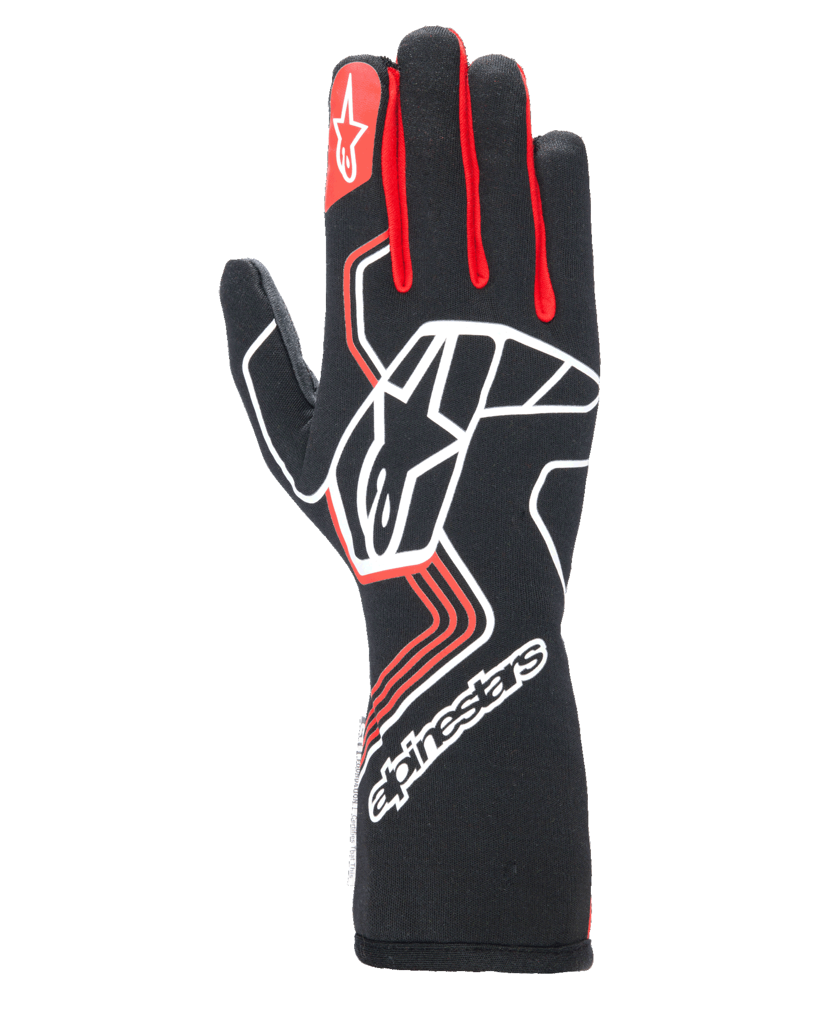 Guantes Alpinestars Tech-1 Race V4, guantes de carreras para automovilismo, negros con detalles rojos y blancos, gran logotipo de estrella blanca en el dorso, refuerzos rojos en los dedos, marca blanca en el puño largo extendido y patrones de diseño geométrico.